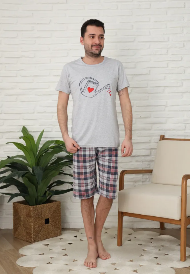 Pijama familie-bărbați, bumbac, mânecă scurtă și pantaloni 3/4 , culoare gri, imrpimeu stropitoare