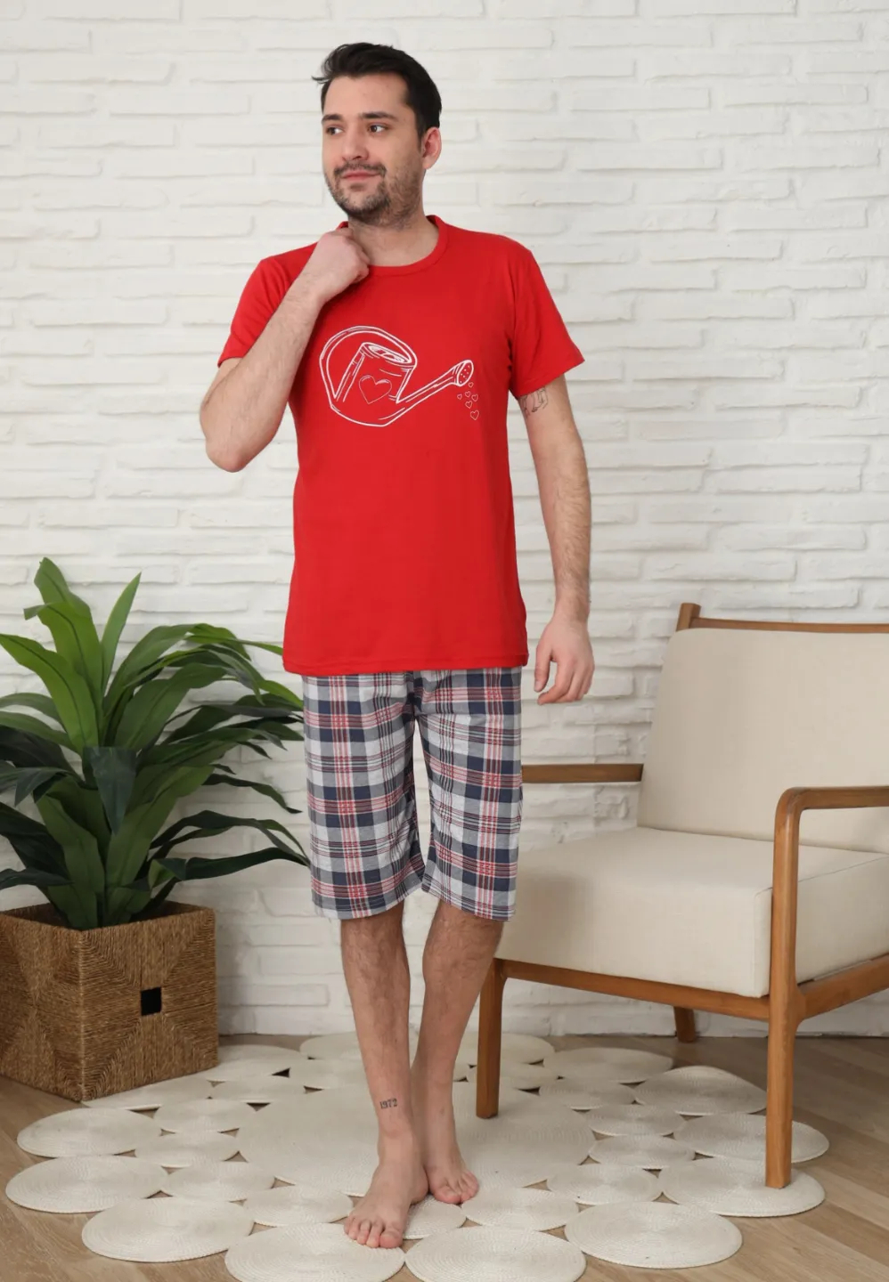 Pijama familie-bărbați, bumbac, mânecă scurtă și pantaloni 3/4 , culoare rosu - 3