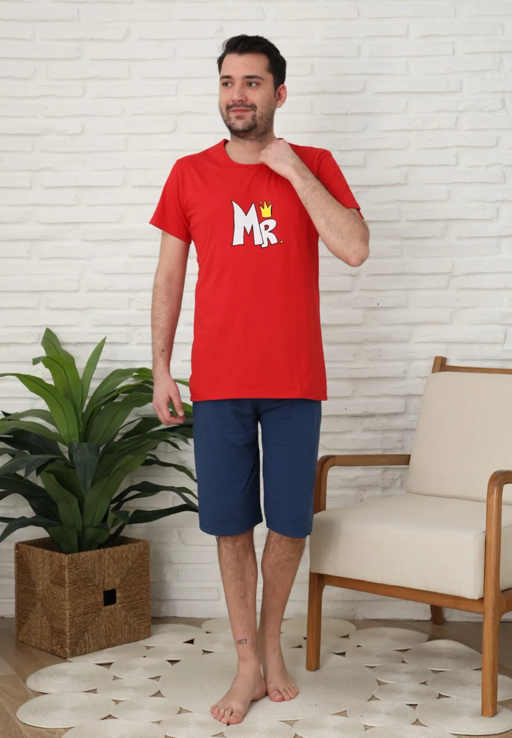 Pijama familie-bărbați, bumbac, mânecă scurtă și pantaloni 3/4 , culoare rosu - 3