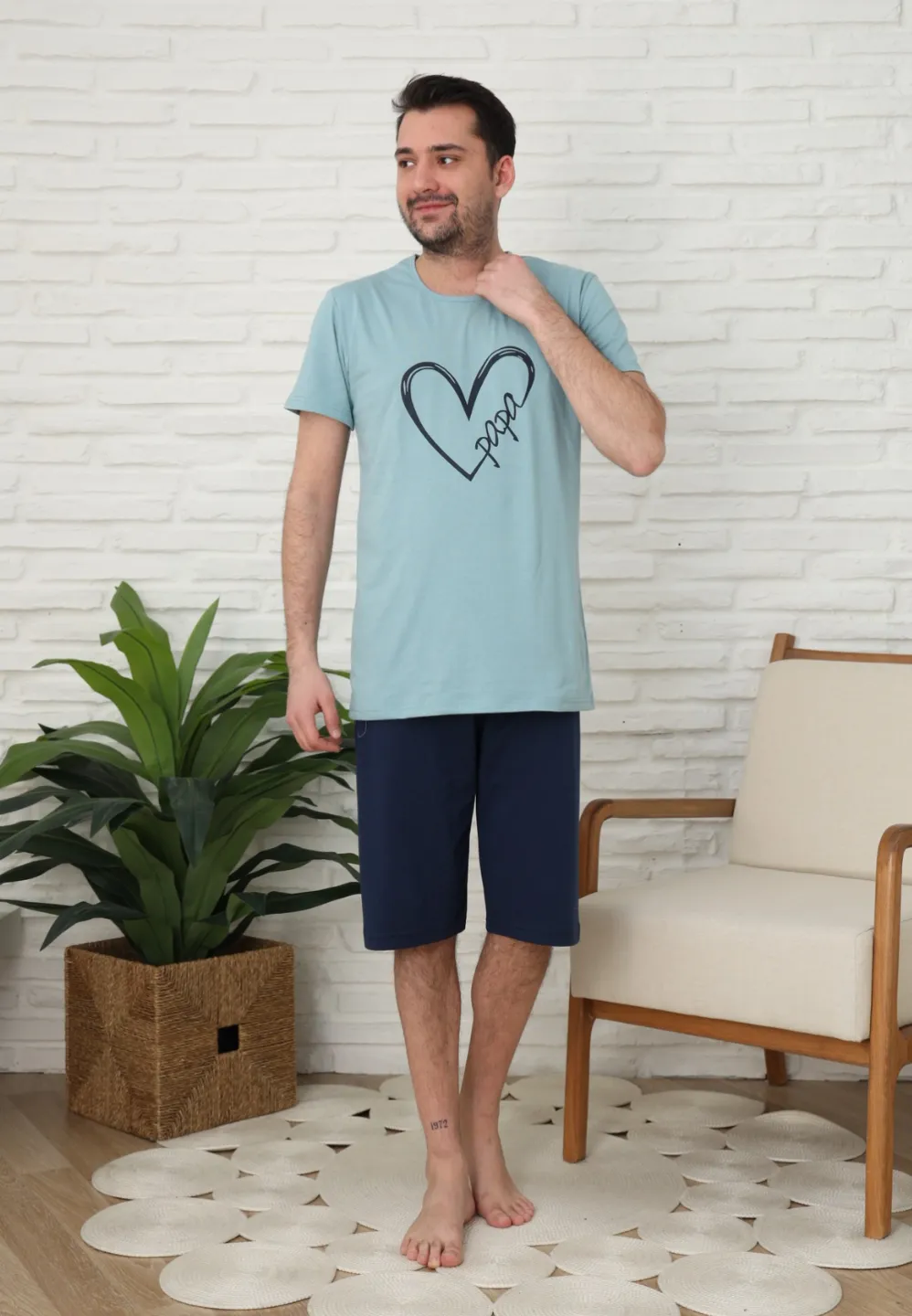 Pijama familie-bărbați, bumbac, mânecă scurtă și pantaloni 3/4 , culoare verde, imrpimeu inima - 2