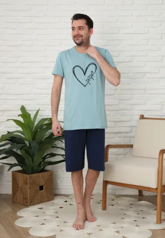 Pijama familie-bărbați, bumbac, mânecă scurtă și pantaloni 3/4 , culoare verde, imrpimeu inima hover