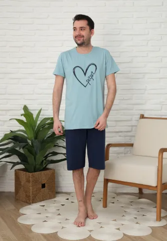 Pijama familie-bărbați, bumbac, mânecă scurtă și pantaloni 3/4 , culoare verde, imrpimeu inima