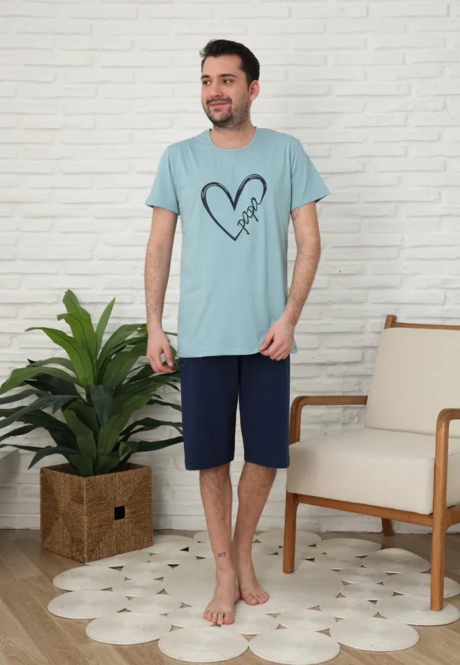 Pijama familie-bărbați, bumbac, mânecă scurtă și pantaloni 3/4 , culoare verde, imrpimeu inima