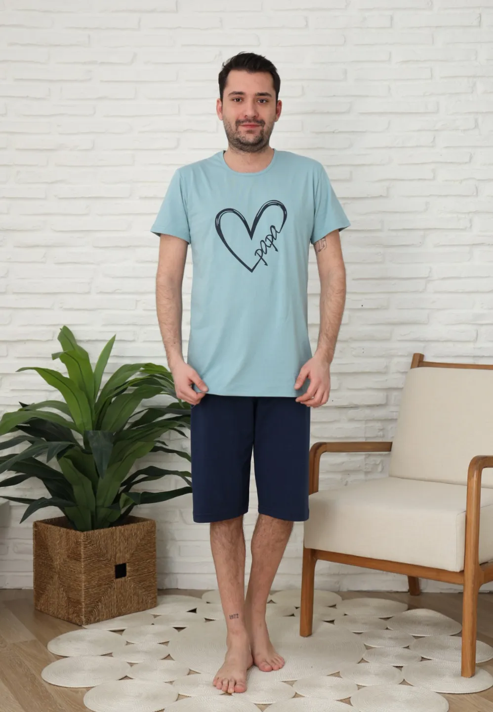 Pijama familie-bărbați, bumbac, mânecă scurtă și pantaloni 3/4 , culoare verde, imrpimeu inima - 3