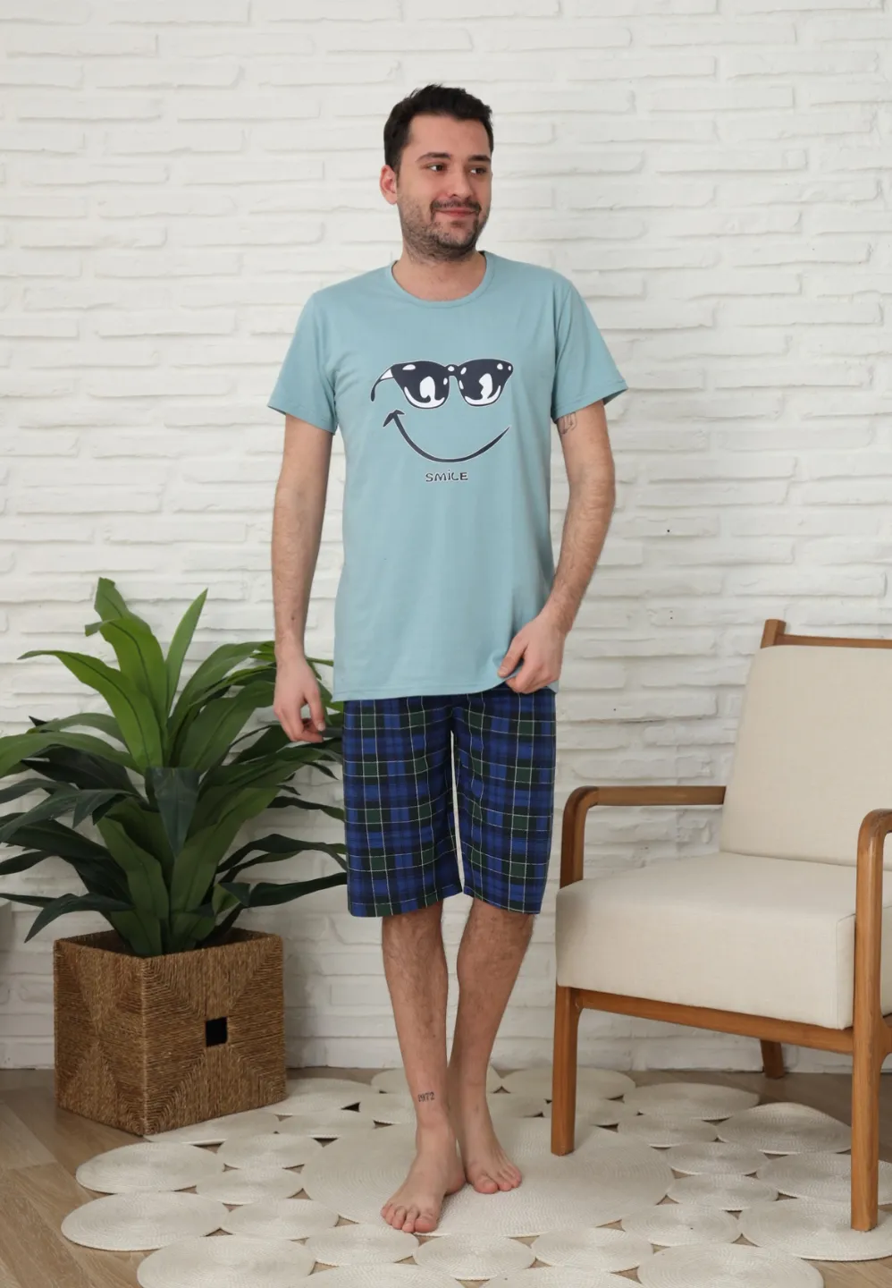 Pijama familie-bărbați, bumbac, mânecă scurtă și pantaloni 3/4 , culoare verde - 2