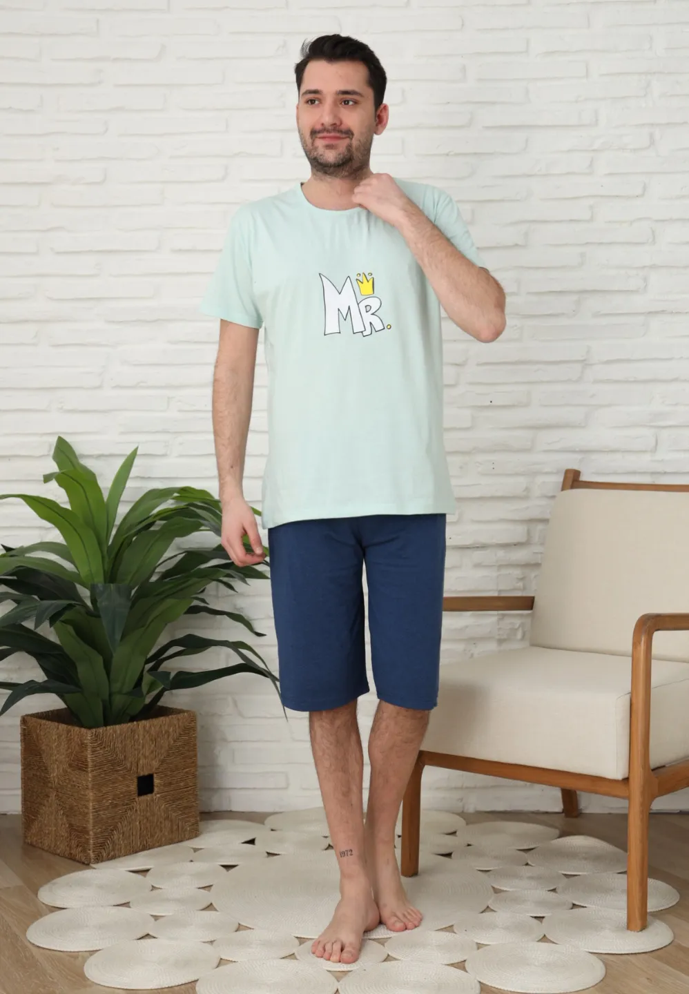 Pijama familie-bărbați, bumbac, mânecă scurtă și pantaloni 3/4 , culoare verde, imrpimeu MR - 2