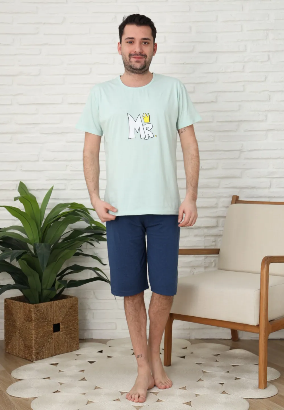 Pijama familie-bărbați, bumbac, mânecă scurtă și pantaloni 3/4 , culoare verde, imrpimeu MR - 1