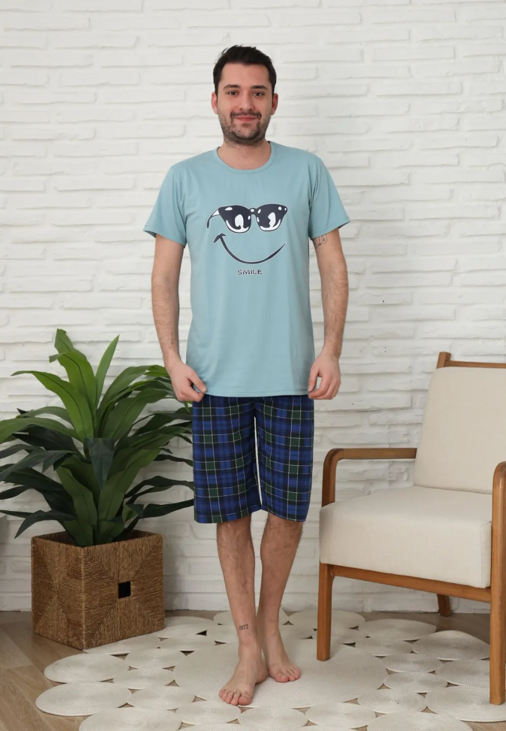 Pijama familie-bărbați, bumbac, mânecă scurtă și pantaloni 3/4 , culoare verde - 3