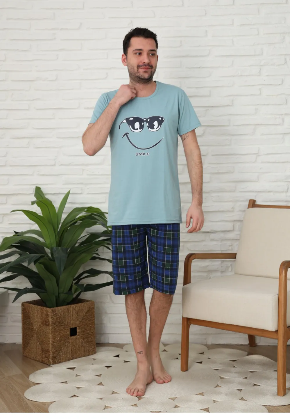 Pijama familie-bărbați, bumbac, mânecă scurtă și pantaloni 3/4 , culoare verde - 1