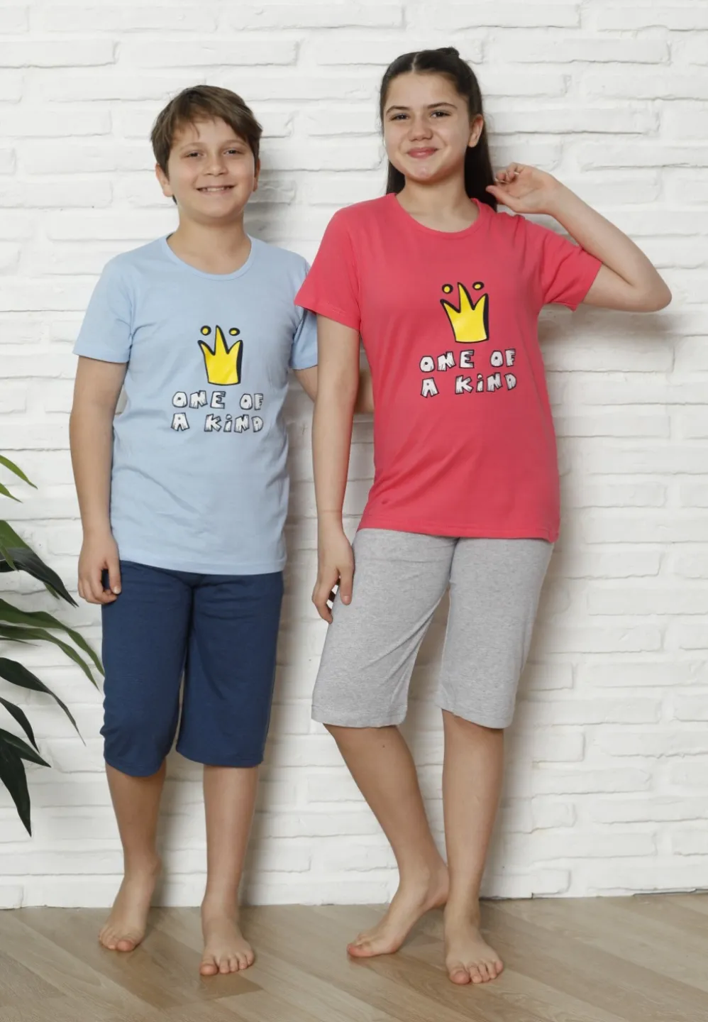 Pijama familie-copii, bumbac, mânecă scurtă și pantaloni 3/4, albastru - 3