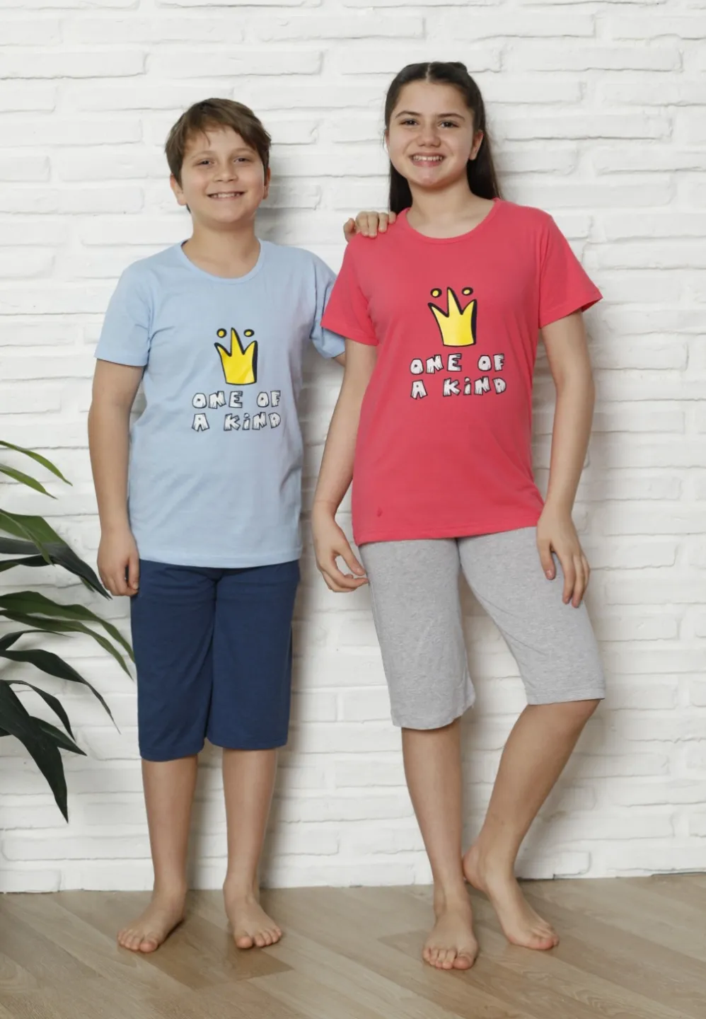 Pijama familie-copii, bumbac, mânecă scurtă și pantaloni 3/4, albastru - 1