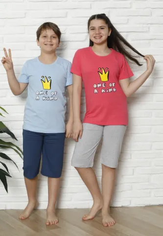 Pijama familie-copii, bumbac, mânecă scurtă și pantaloni 3/4, albastru hover