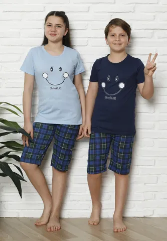 Pijama familie-copii, bumbac, mânecă scurtă și pantaloni 3/4, albastru hover