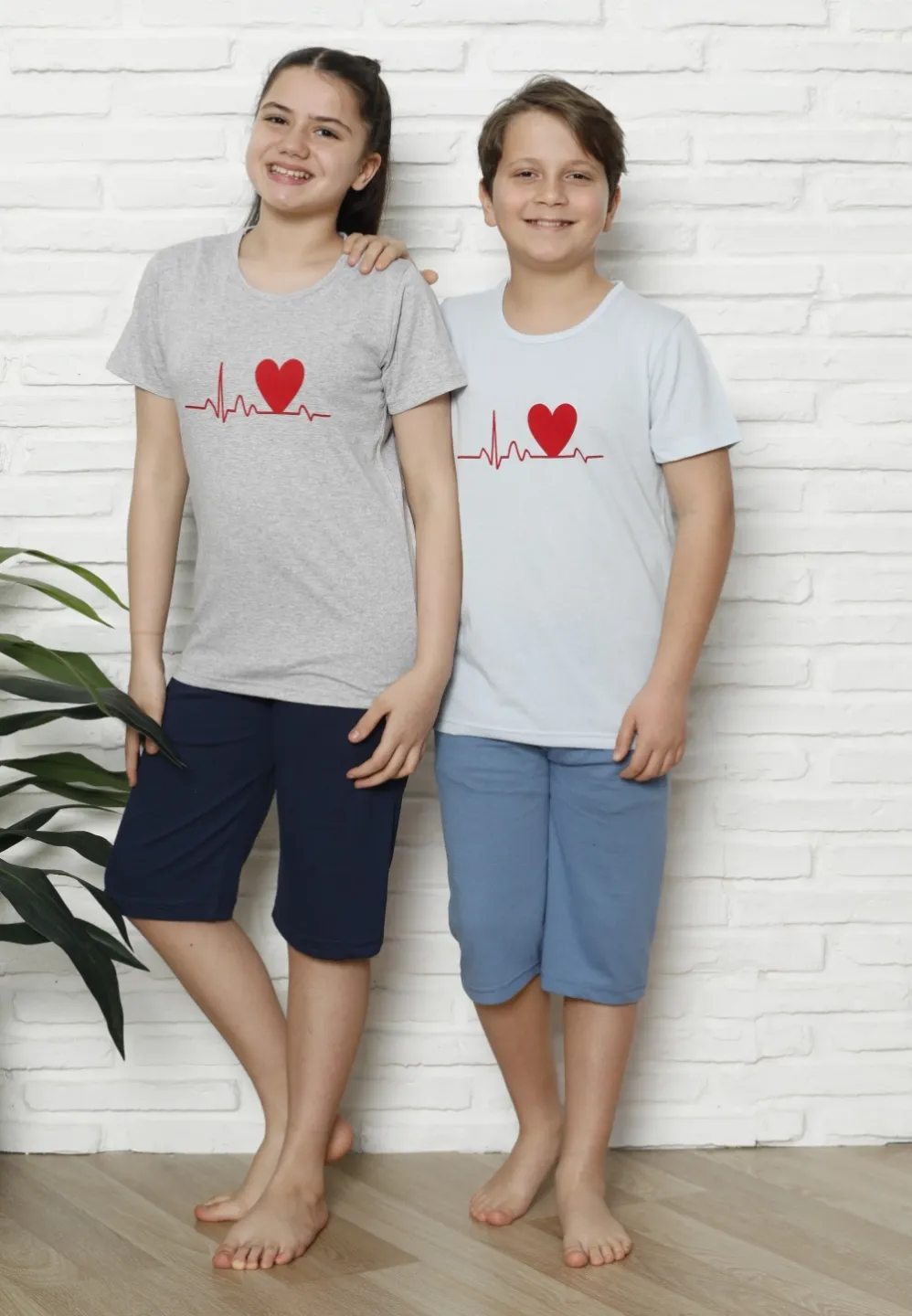 Pijama familie-copii, bumbac, mânecă scurtă și pantaloni 3/4, albastru - 2