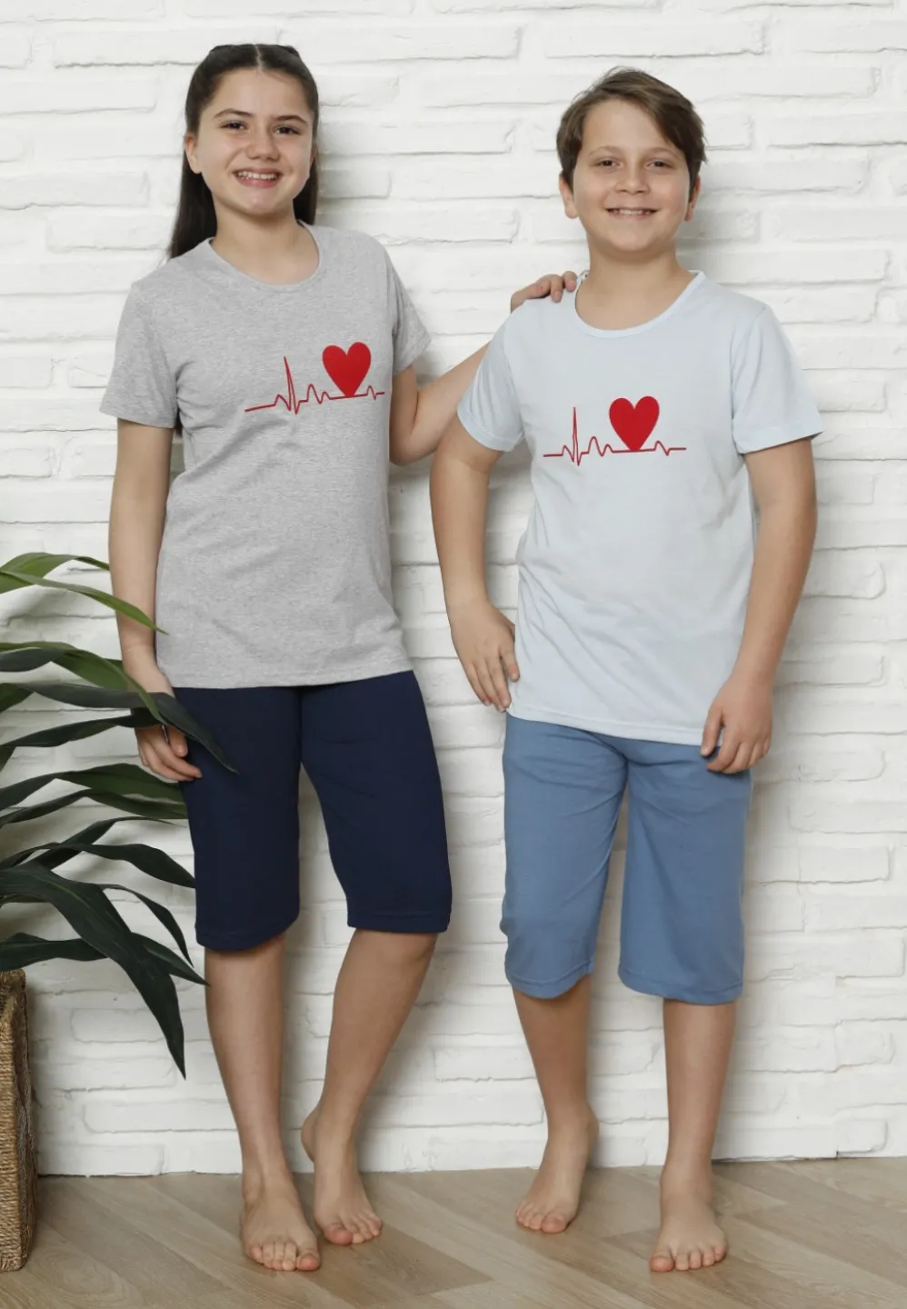 Pijama familie-copii, bumbac, mânecă scurtă și pantaloni 3/4, albastru - 3