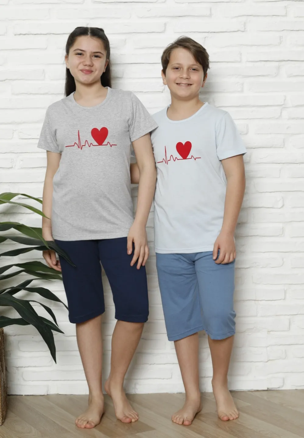 Pijama familie-copii, bumbac, mânecă scurtă și pantaloni 3/4, albastru - 1