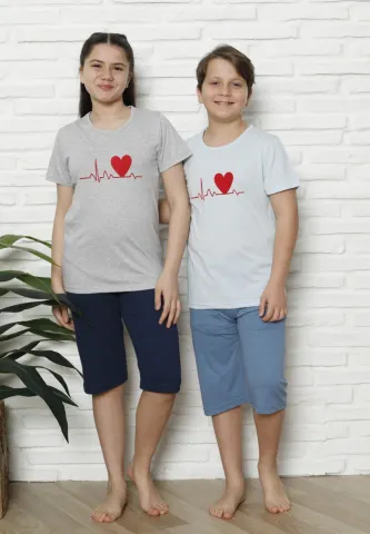 Pijama familie-copii, bumbac, mânecă scurtă și pantaloni 3/4, albastru