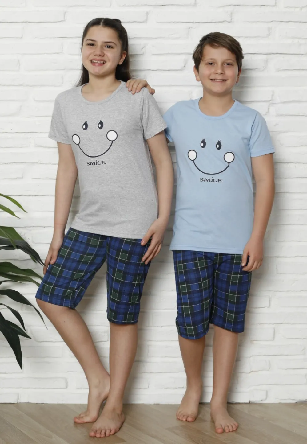 Pijama familie-copii, bumbac, mânecă scurtă și pantaloni 3/4, albastru - 1