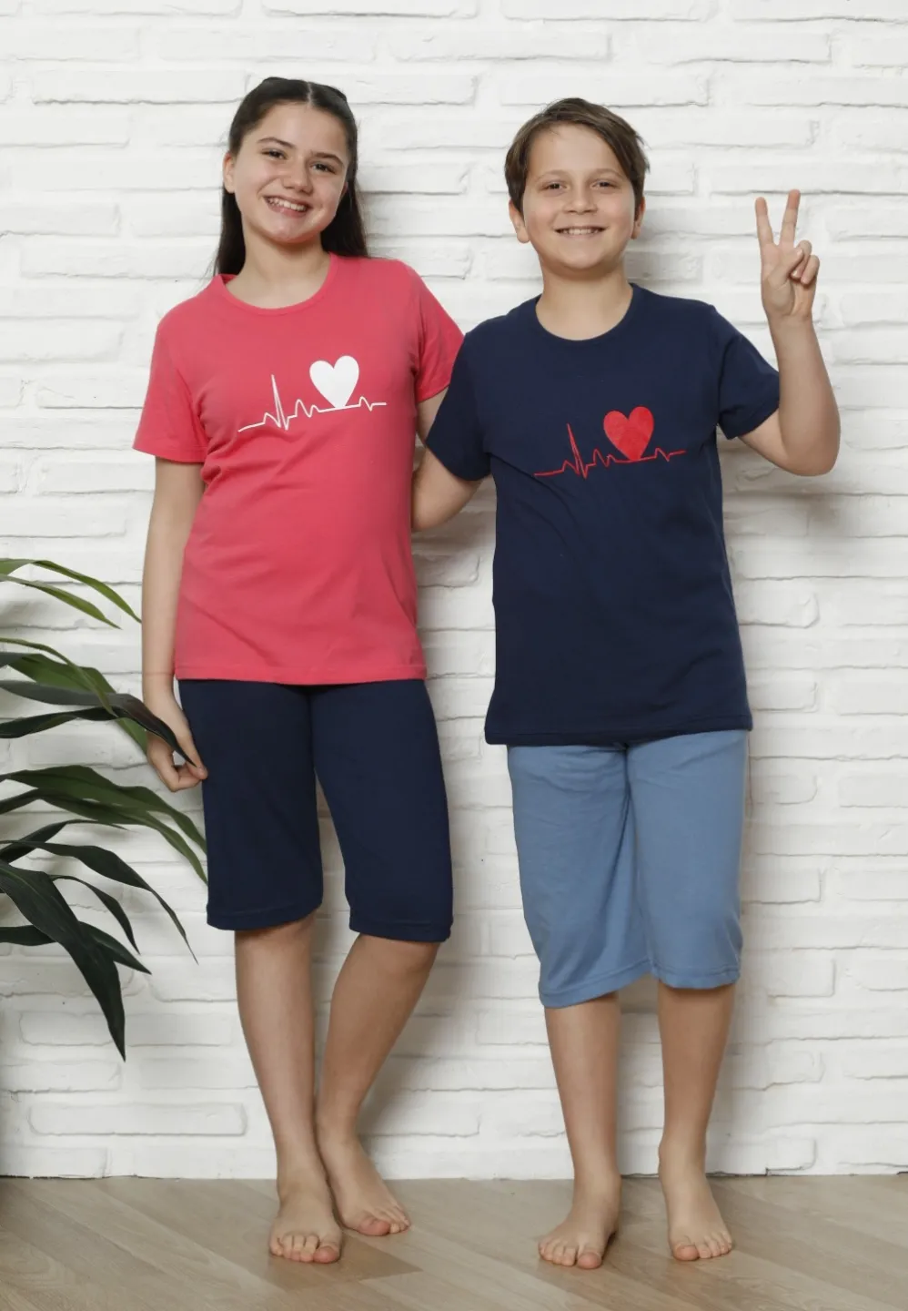 Pijama familie-copii, bumbac, mânecă scurtă și pantaloni 3/4, bleumarin - 1