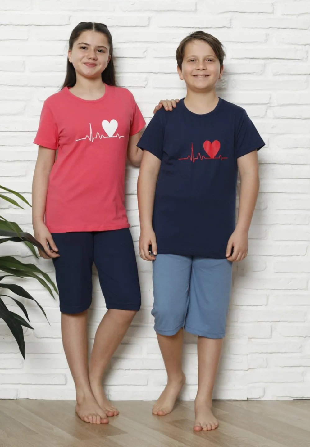 Pijama familie-copii, bumbac, mânecă scurtă și pantaloni 3/4, bleumarin - 2