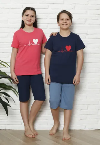 Pijama familie-copii, bumbac, mânecă scurtă și pantaloni 3/4, bleumarin hover