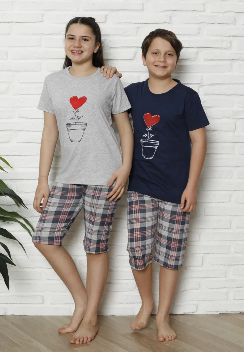 Pijama familie-copii, bumbac, mânecă scurtă și pantaloni 3/4, bleumarin - 2