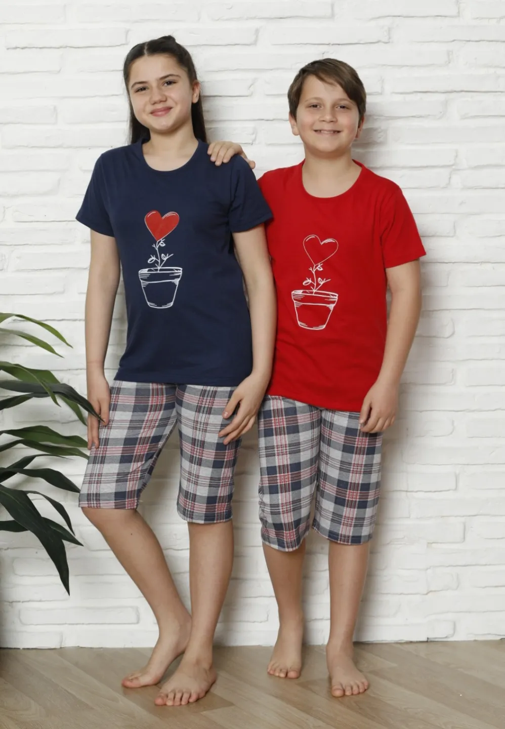 Pijama familie-copii, bumbac, mânecă scurtă și pantaloni 3/4, bleumarin - 1