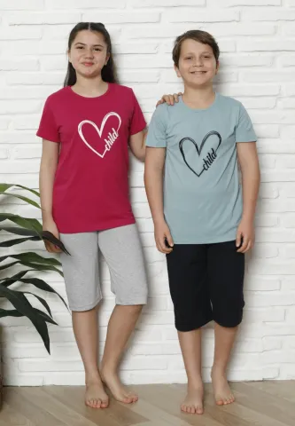 Pijama familie-copii, bumbac, mânecă scurtă și pantaloni 3/4, fucsia hover