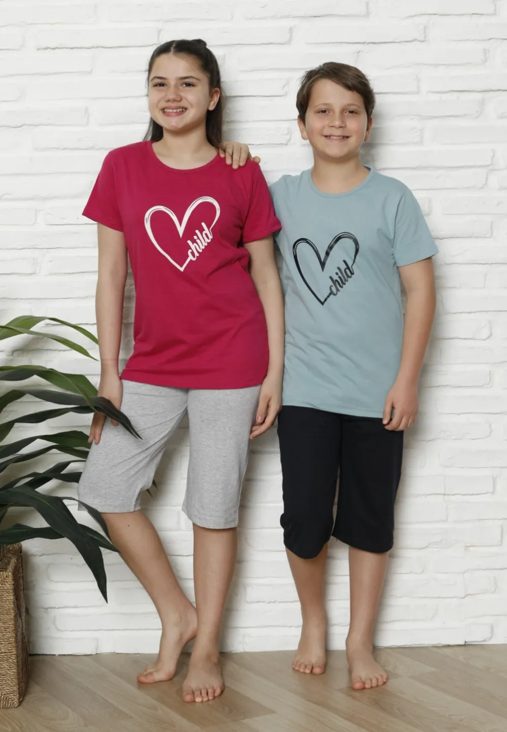 Pijama familie-copii, bumbac, mânecă scurtă și pantaloni 3/4, fucsia - 3