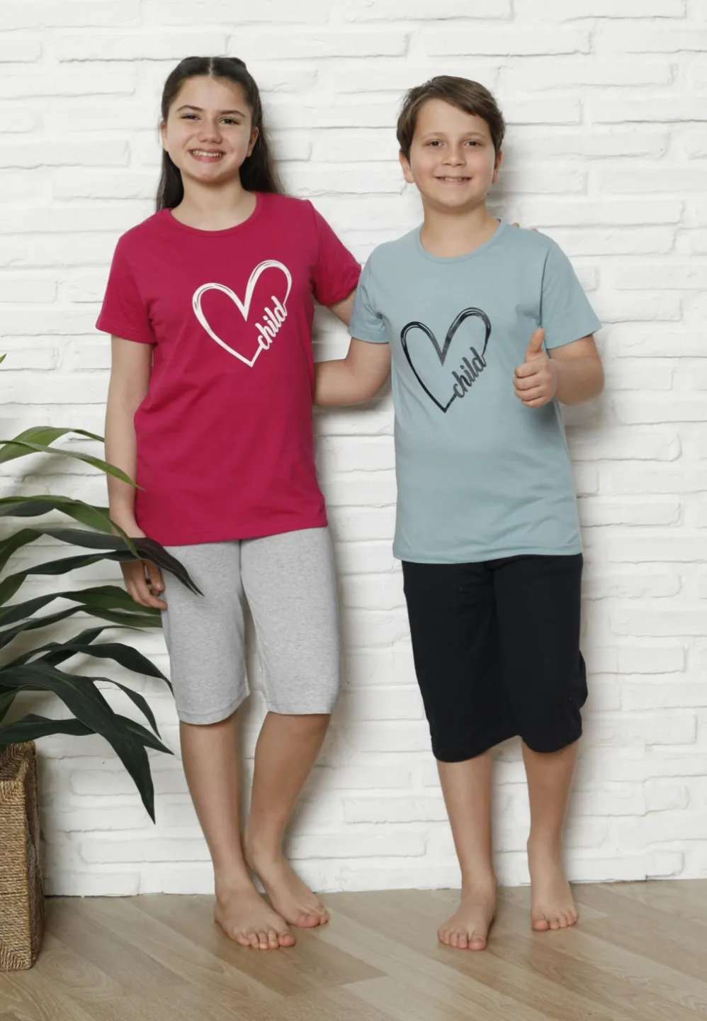 Pijama familie-copii, bumbac, mânecă scurtă și pantaloni 3/4, fucsia - 1