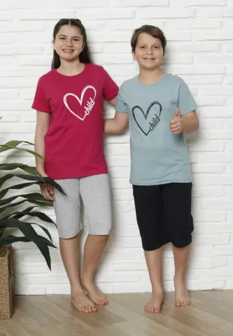 Pijama familie-copii, bumbac, mânecă scurtă și pantaloni 3/4, fucsia