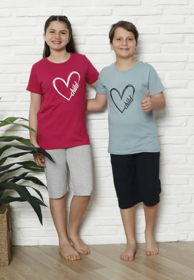 Pijama familie-copii, bumbac, mânecă scurtă și pantaloni 3/4, fucsia