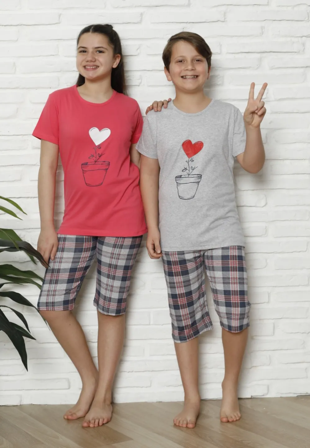 Pijama familie-copii, bumbac, mânecă scurtă și pantaloni 3/4, gri - 1