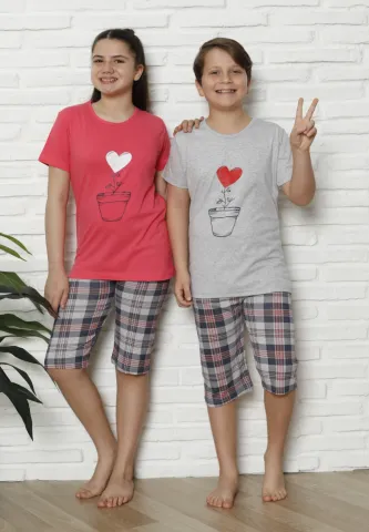 Pijama familie-copii, bumbac, mânecă scurtă și pantaloni 3/4, gri