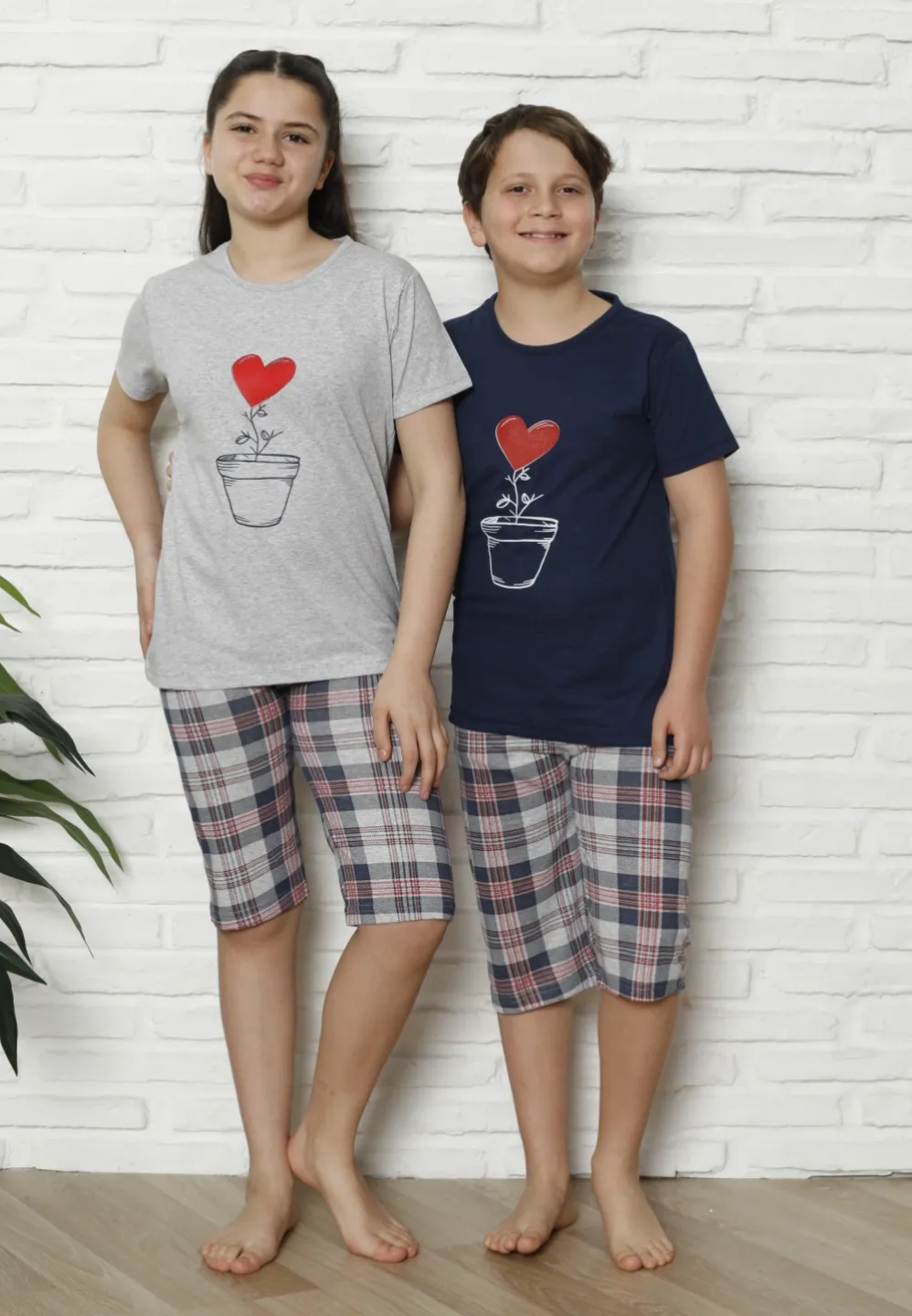 Pijama familie-copii, bumbac, mânecă scurtă și pantaloni 3/4, gri - 2