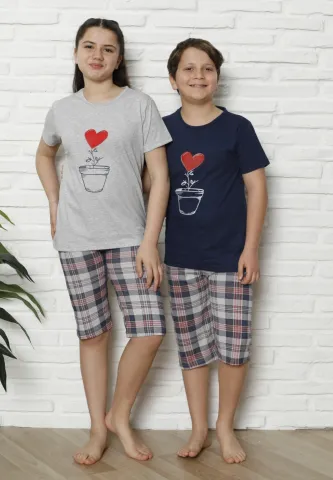 Pijama familie-copii, bumbac, mânecă scurtă și pantaloni 3/4, gri hover