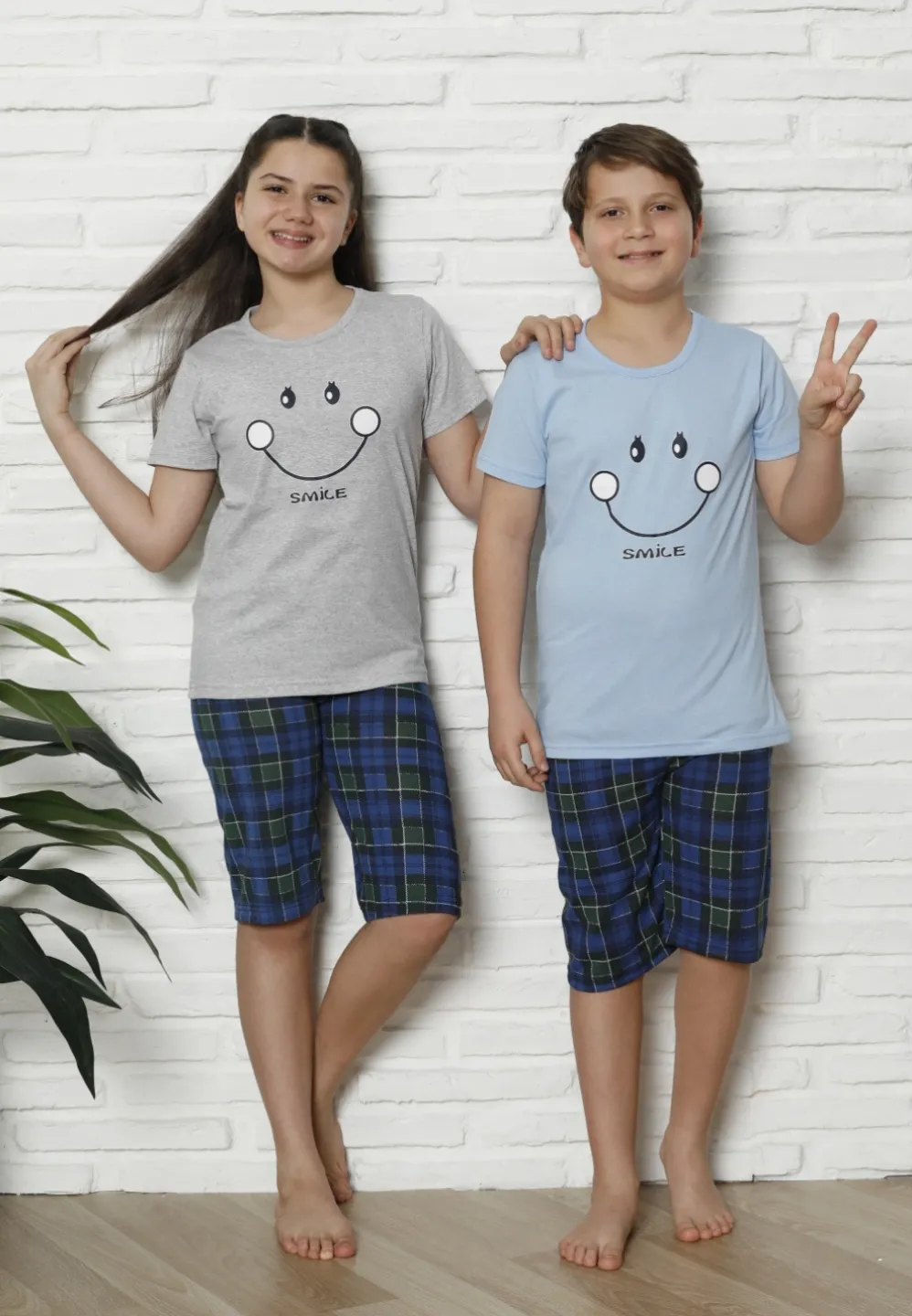 Pijama familie-copii, bumbac, mânecă scurtă și pantaloni 3/4, gri - 1