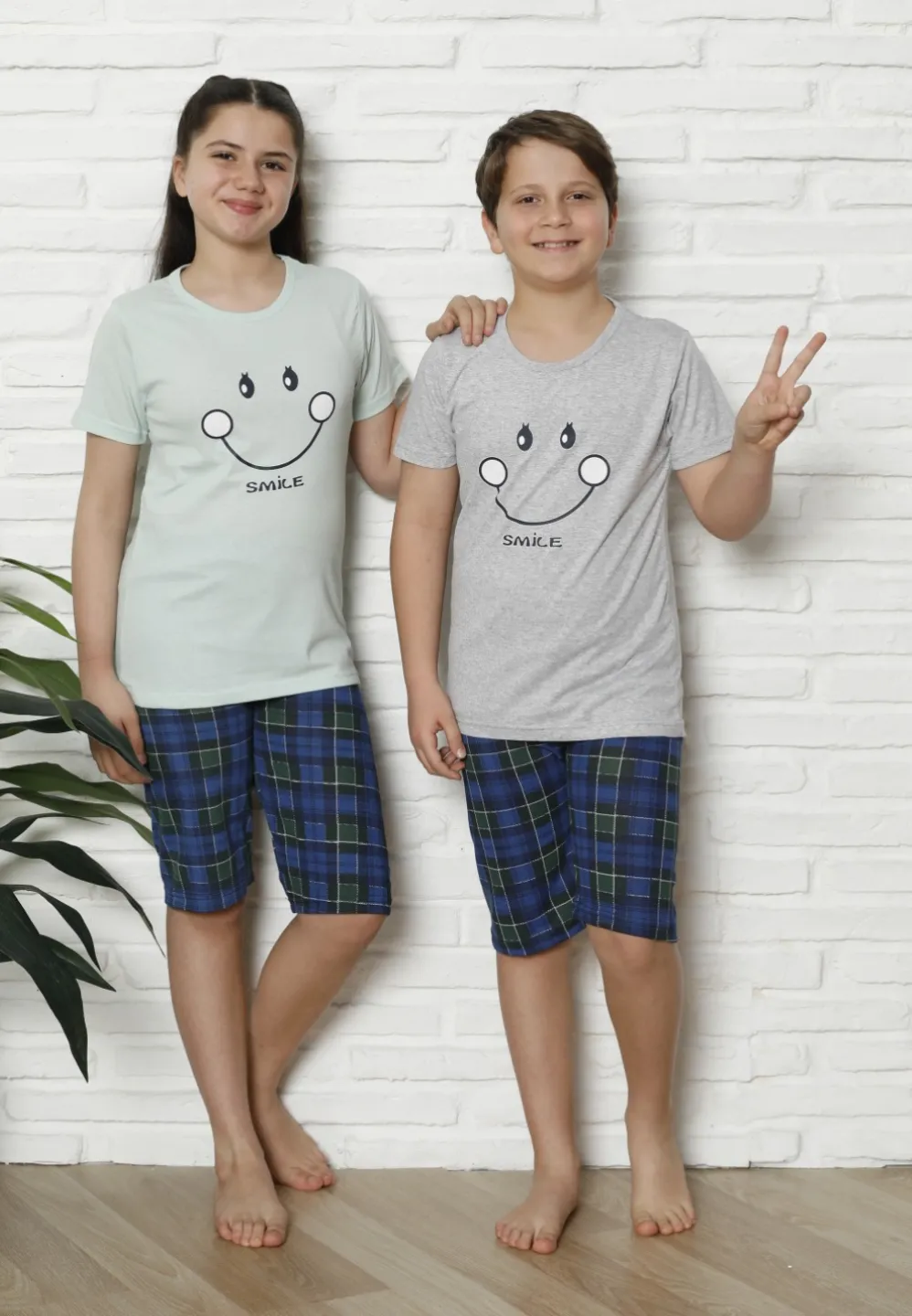 Pijama familie-copii, bumbac, mânecă scurtă și pantaloni 3/4, gri - 2