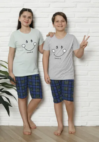 Pijama familie-copii, bumbac, mânecă scurtă și pantaloni 3/4, gri hover