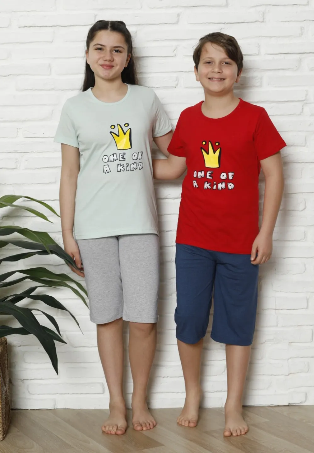 Pijama familie-copii, bumbac, mânecă scurtă și pantaloni 3/4, roșu - 2