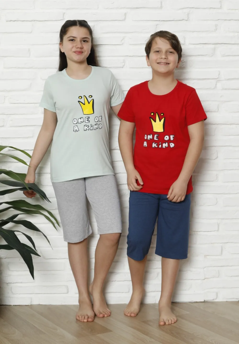 Pijama familie-copii, bumbac, mânecă scurtă și pantaloni 3/4, roșu - 1