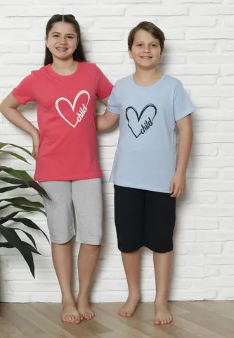 Pijama familie-copii, bumbac, mânecă scurtă și pantaloni 3/4, roz hover