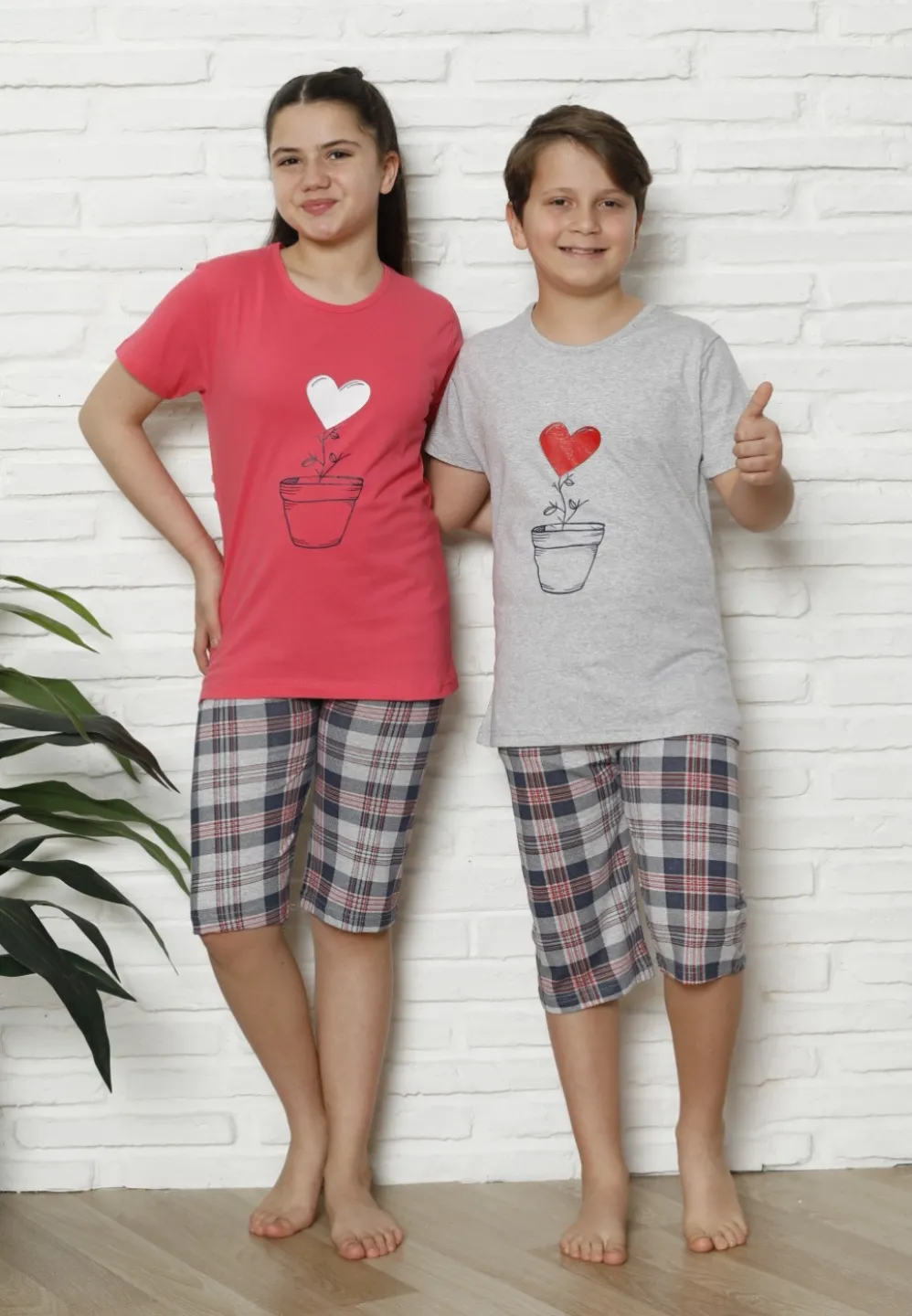 Pijama familie-copii, bumbac, mânecă scurtă și pantaloni 3/4, roz - 2