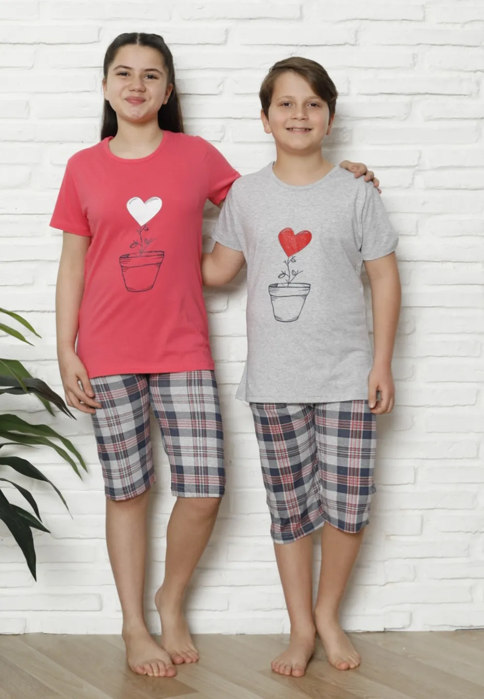 Pijama familie-copii, bumbac, mânecă scurtă și pantaloni 3/4, roz - 3