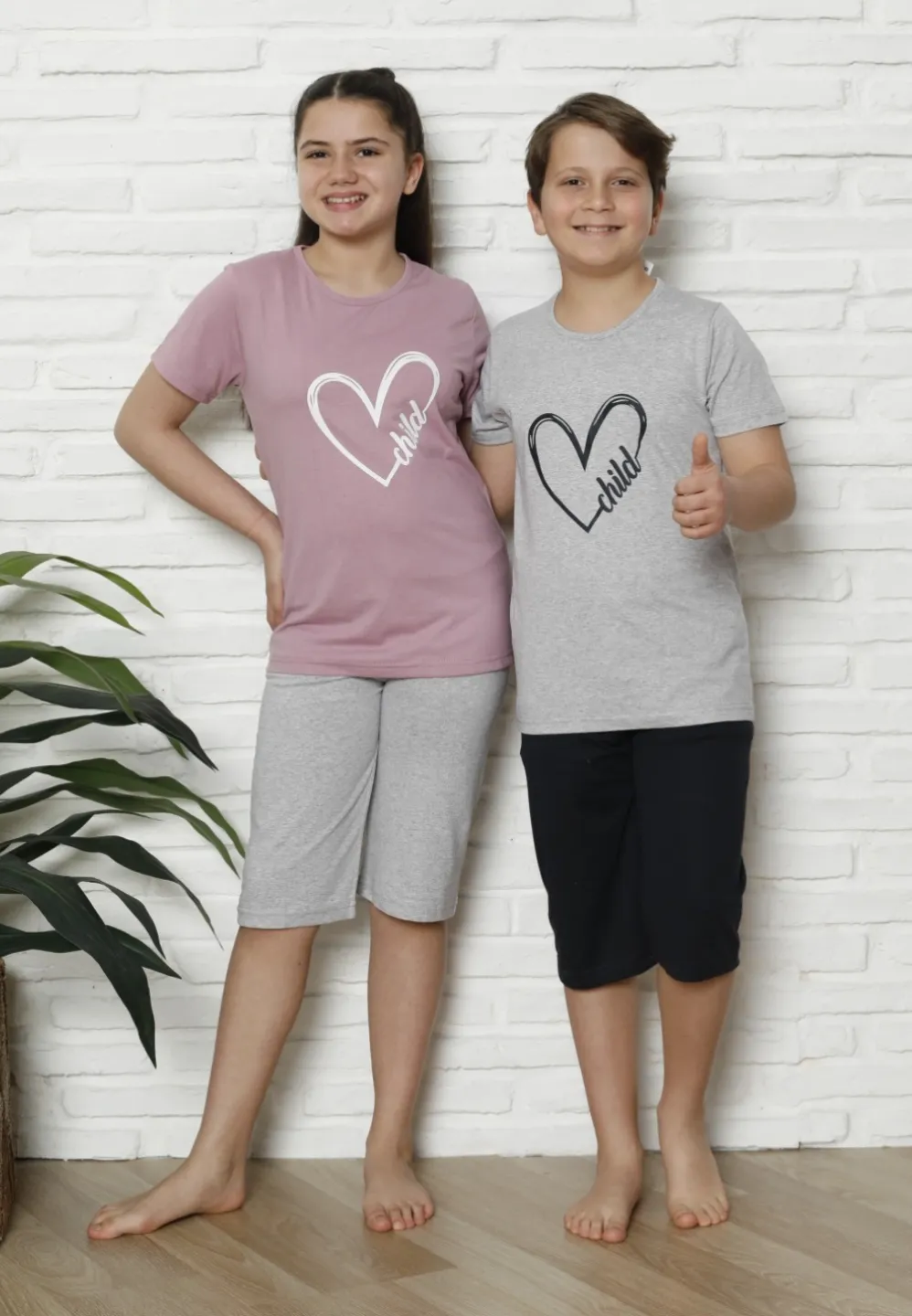 Pijama familie-copii, bumbac, mânecă scurtă și pantaloni 3/4, roz pudrat - 2