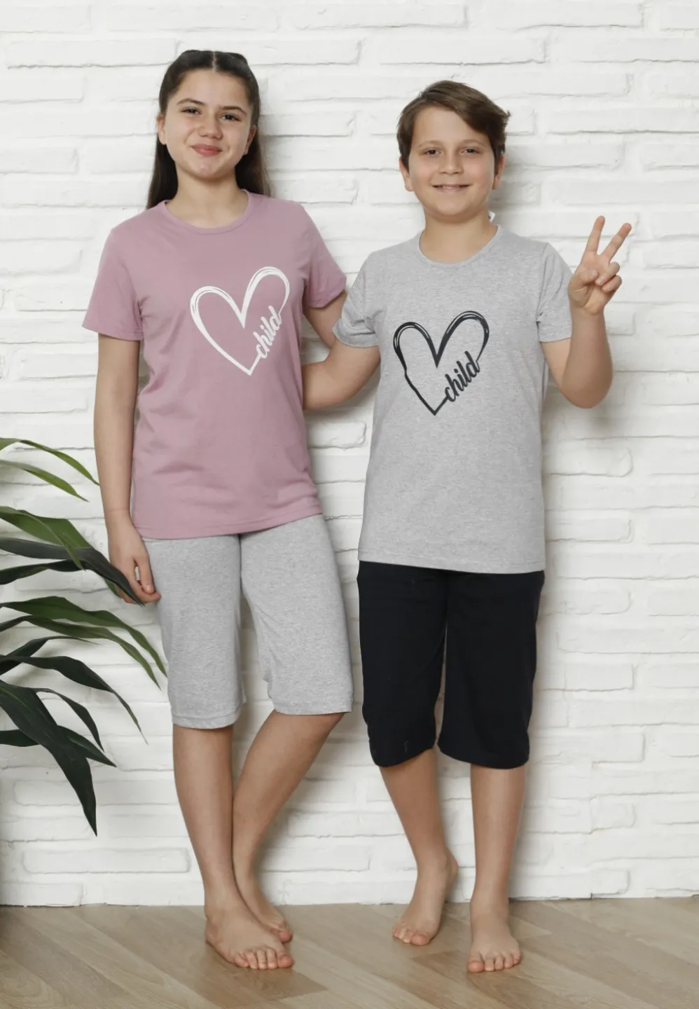 Pijama familie-copii, bumbac, mânecă scurtă și pantaloni 3/4, roz pudrat - 3