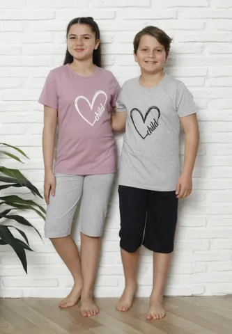 Pijama familie-copii, bumbac, mânecă scurtă și pantaloni 3/4, roz pudrat