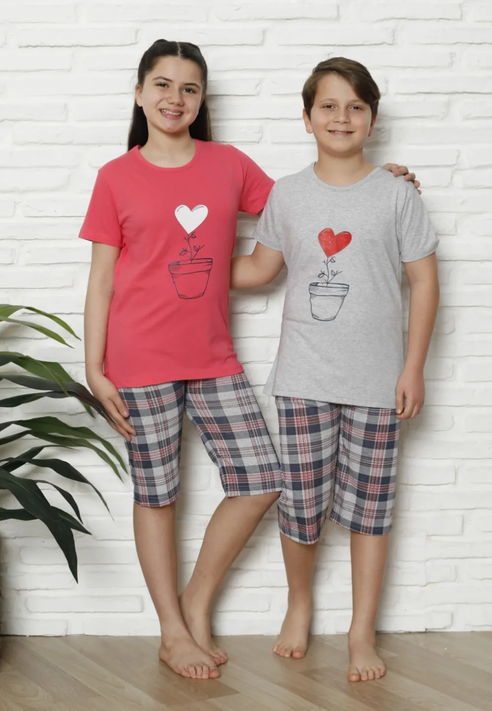 Pijama familie-copii, bumbac, mânecă scurtă și pantaloni 3/4, roz - 1