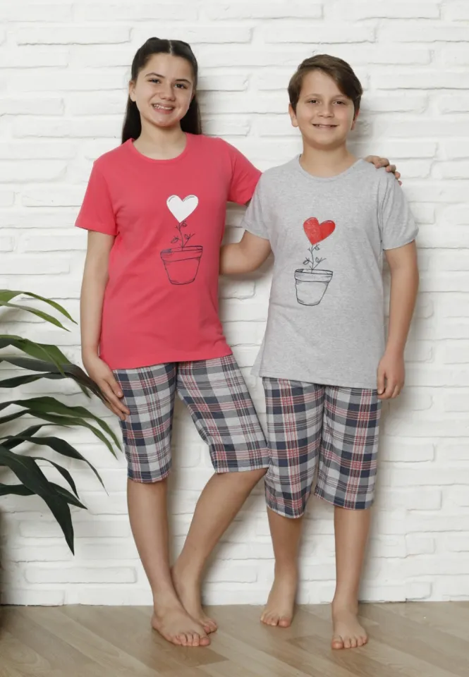 Pijama familie-copii, bumbac, mânecă scurtă și pantaloni 3/4, roz