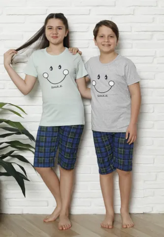 Pijama familie-copii, bumbac, mânecă scurtă și pantaloni 3/4, verde hover